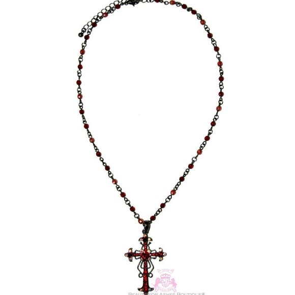 Ruby Red Aurora Boralis Ornate Vintage Scrolled Antique Hematite Cross Necklace - Picture 2 of 6